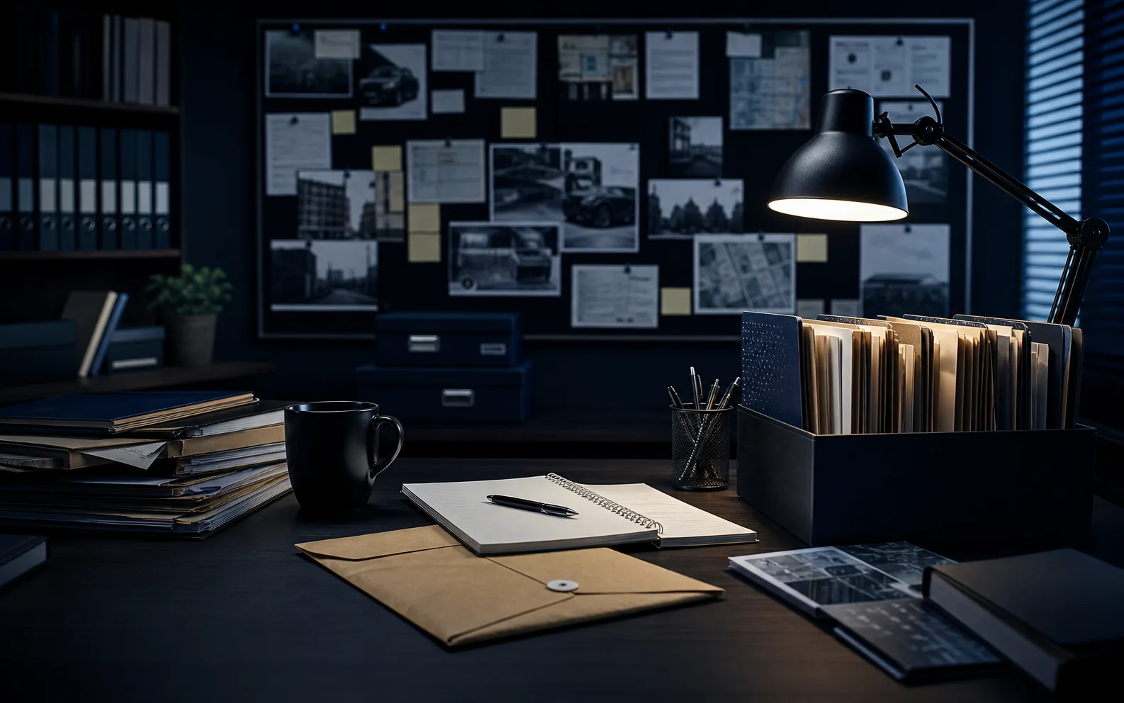 Bureau d'enquête discret avec dossiers, notes et lampe de travail.