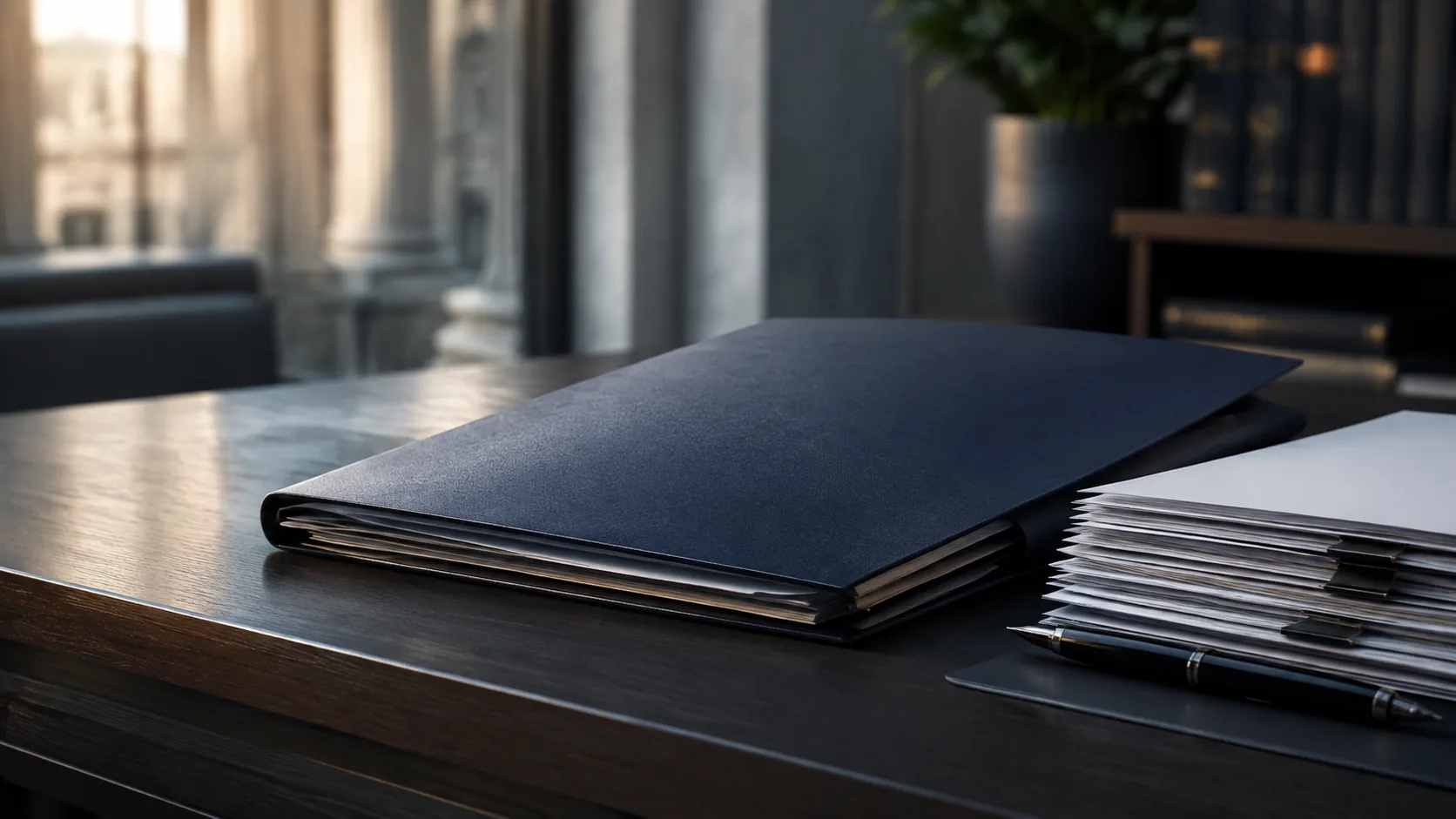 Dossier administratif fermé et documents préparés pour une révision confidentielle.